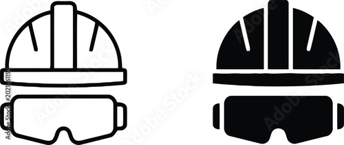 Construction safety gear hard hat and goggles icon set