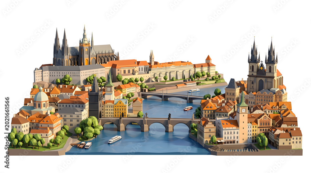 Fototapeta premium low poly prague cityscape with charles bridge and cathedral