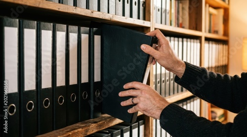 Close-up of hands selecting a black binder from a neatly arranged row on a wooden shelf, highlighting the process of document organization and retrieval in an office setting