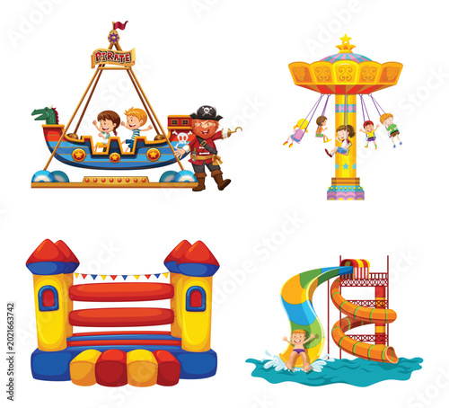 Theme Park Delights: A vibrant collage of theme park attractions beckons, showcasing the joy of rides. Included Pirate Ship, carousel, bouncy castle and water slide. 