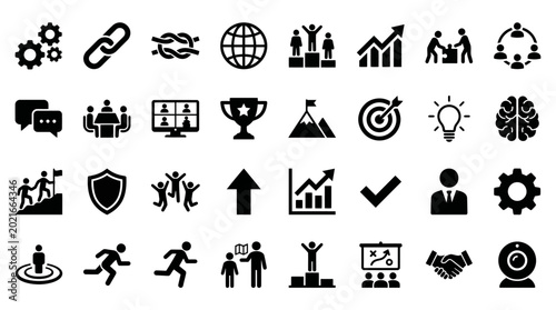Bild auf Leinwand Business success icons set with people teamwork target shield trophy