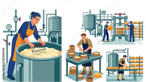 Foto Cheese making process from curd to final product in a dairy factory