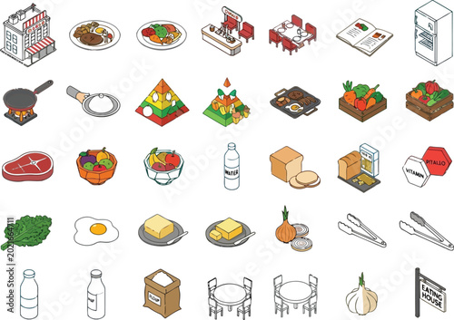 Isometric Food and Kitchen Icon Set with Groceries, Cookware, and Meal Items