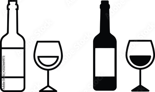 Wine bottle and glass icon set outline and filled versions