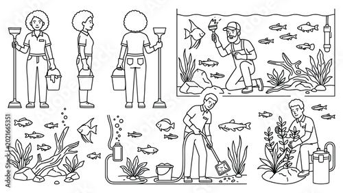 Tableau sur toile Aquarium cleaner maintaining fish tank: person performing aquatic pet care
