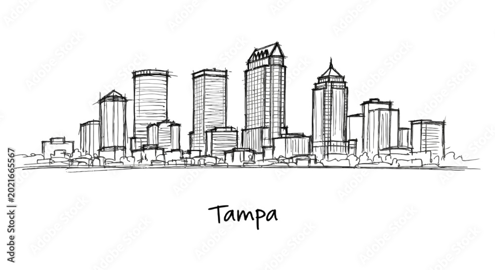 Obraz premium Minimalist Sketch of Tampa City Skyline Featuring Tall Modern Buildings and Urban Landscape Outline