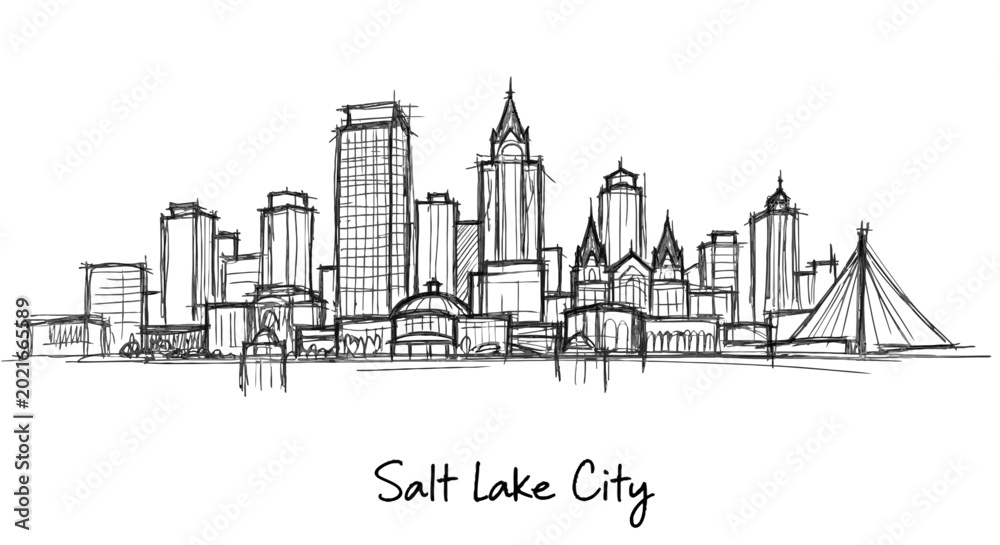 Naklejka premium Minimalist Line Sketch of Salt Lake City Skyline Showcasing Skyscrapers and Cityscape Elements