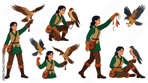 Obraz na plátně Female falconer character training birds of prey in various poses and action movements set