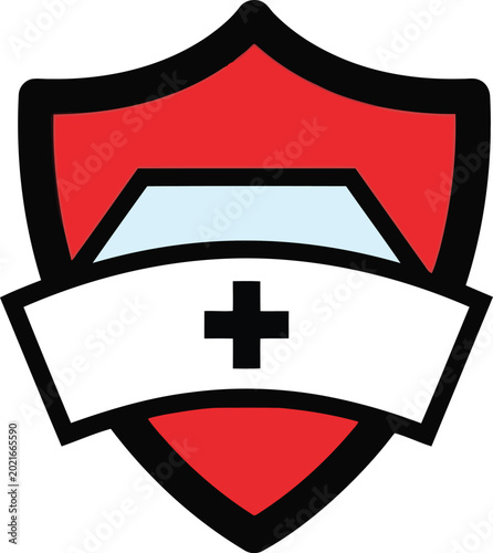 Foto Red Shield Medical Protection Icon with White Banner and Plus Symbol Isolated on