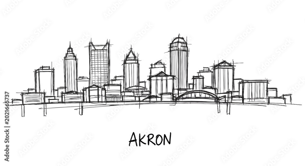 Obraz premium Minimalist skyline sketch of Akron's urban landscape showcasing key buildings and city silhouette with simple line art style