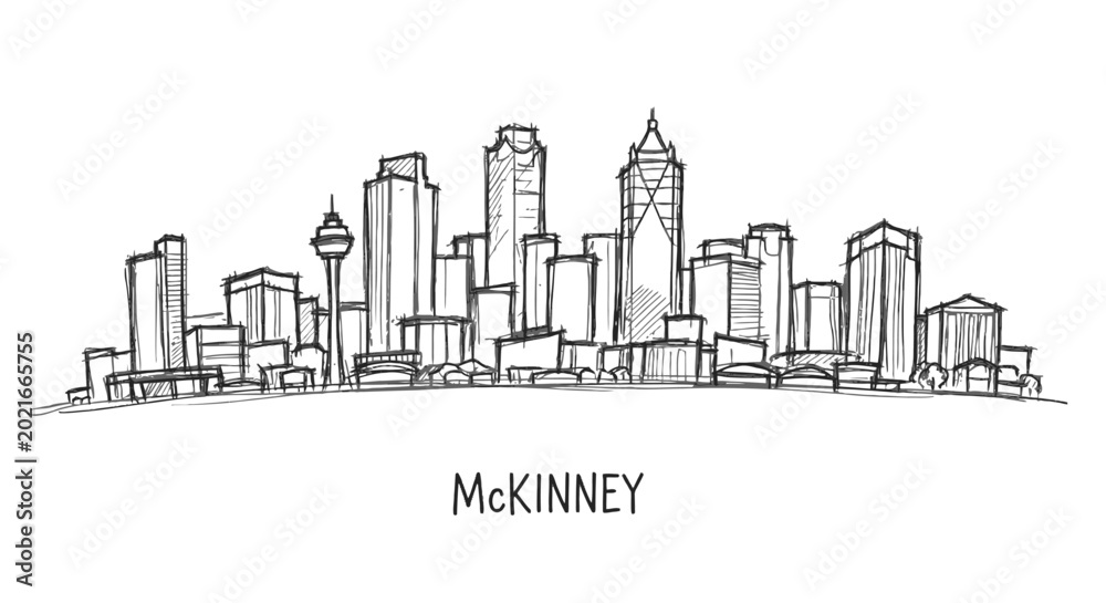 Fototapeta premium Stylized black and white line drawing of a modern downtown skyline with various high-rise buildings and a prominent tower