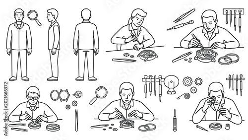 Foto Watchmaker working on precision timepieces with tools and magnifying glass detailed illustration