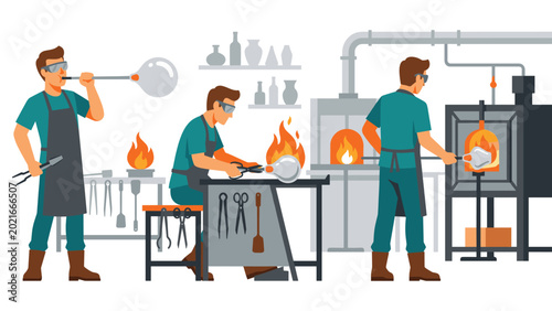 Fényképezés Glassblowing industry workers in flat style heating shaping and blowing glass art pieces