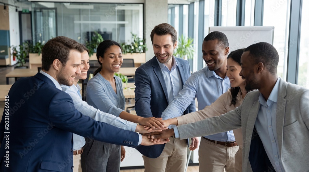 Obraz premium Diverse corporate team members smiling while stacking hands together in a professional meeting photo showing unity and strong business collaboration