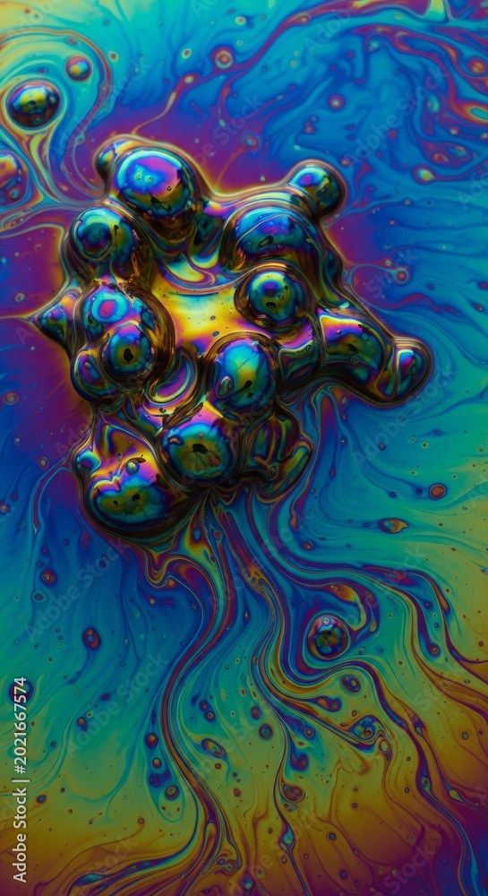 Fototapeta premium Macro photography of iridescent fluid creating swirling abstract shapes and flowing textures that resemble biological cells and roots, bubbles, sinuous, mix