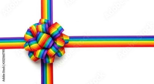 A vibrant rainbow ribbon and bow decoration creating a festive gift wrap design