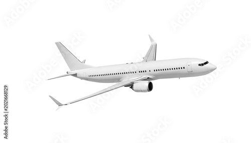 White Airplane Boeing 737 Max Passenger Jet Commercial Aircraft Isolated on a Transparent Background High Angle Front Right Three Quarter View Banking Left Turning Flight Airliner Design Mockup