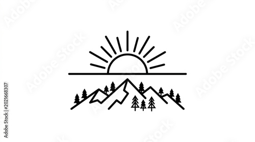 Sunrise over mountain forest landscape with trees and sunrise