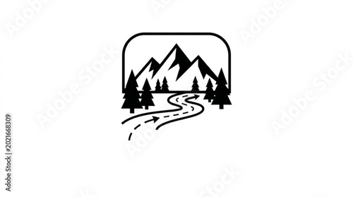 Trail marker icon with winding path through forest to mountain peaks adventure and travel symbol