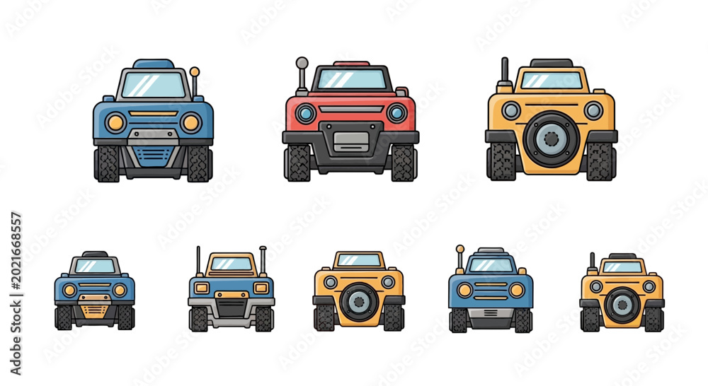 Fototapeta premium Colorful cartoon jeeps in different poses.