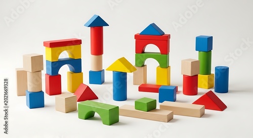 Colorful wooden toy building blocks.