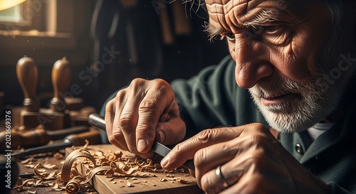 Elderly man carving wood in workshop.