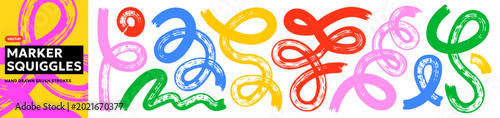 Colorful marker squiggles and doodle swirl set with bold hand drawn loops and curly strokes. Funky abstract shapes for posters, social media, branding and modern graphic design. Vector illustration.