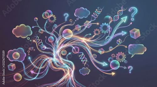 Creative thinking abstract concept imagination idea colorful mind cloud neon light flow innovation question brainstorming symbol gear digital network swirl fantasy science art futuristic