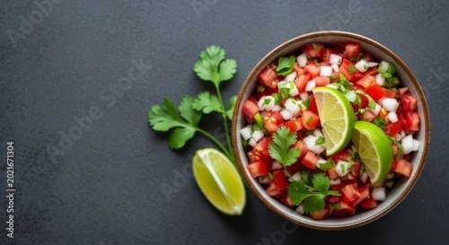 Vibrant pico de gallo salsa in a ceramic bowl viewed from above, featuring diced tomatoes, onions, cilantro, and lime on a stone surface, overhead, flat lay, fresh