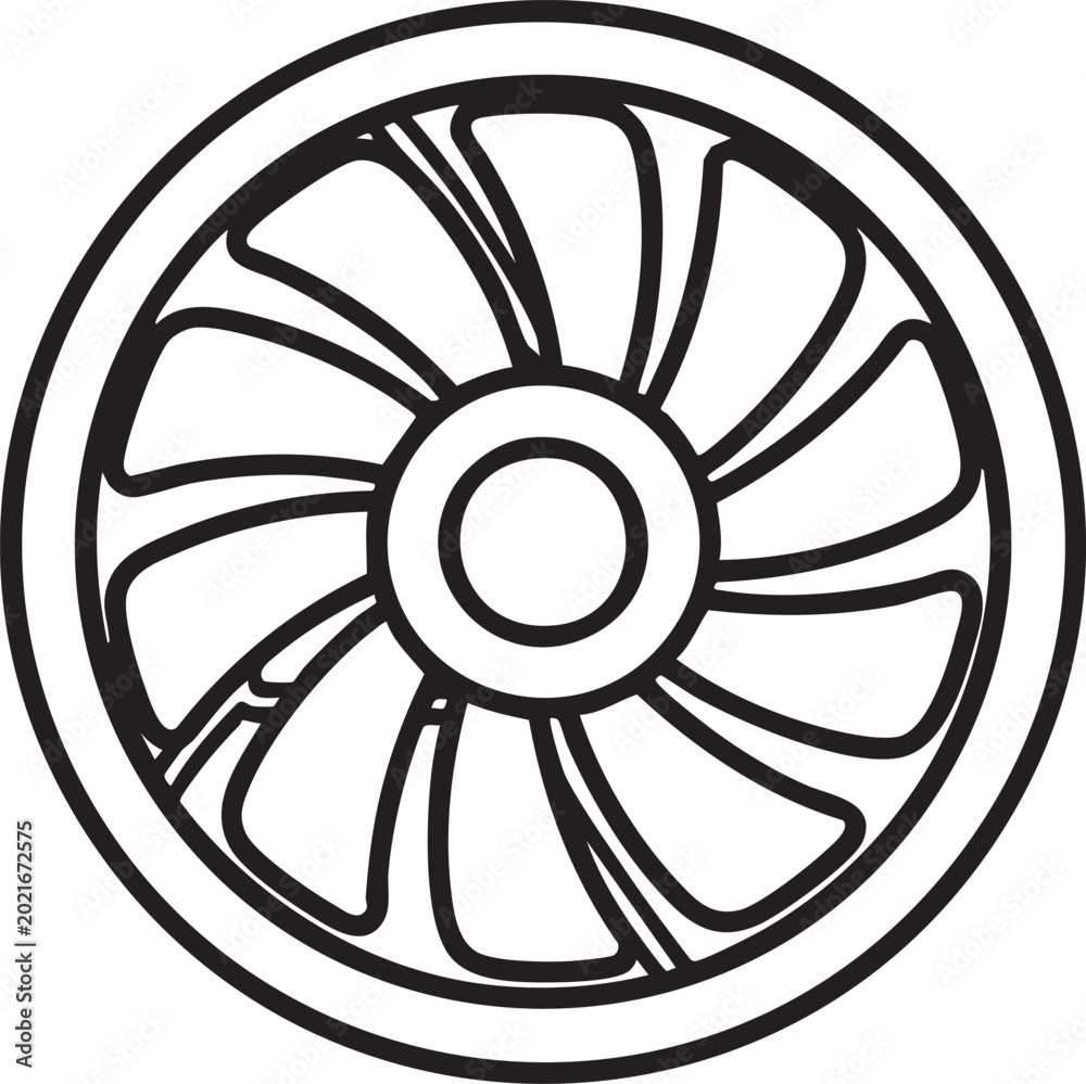 Obraz premium Black and white outline illustration of a circular computer cooling