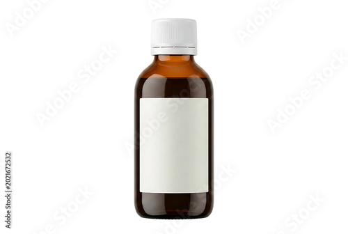 Amber medicine bottle with white cap and blank label isolated on transparent PNG background, pharmaceutical packaging mockup concept