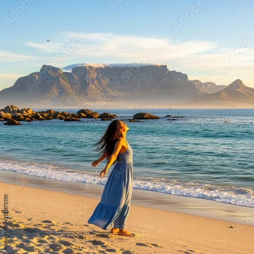 Woman enjoying a beautiful sunset on a beach with Table Mountain in the background.