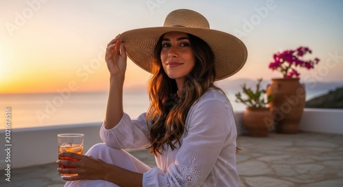 Woman enjoying a drink on a terrace at sunset with a hat.