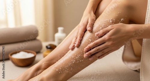 Woman Applying Exfoliating Salt Scrub on Her Legs for Smooth Skin.