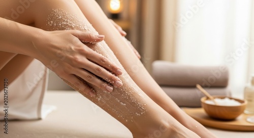 Woman Applying Exfoliating Scrub to Legs in Spa Setting.