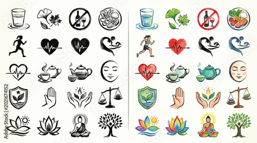 Fotografie Collection of Icons Representing Health, Wellness, and Lifestyle Choices