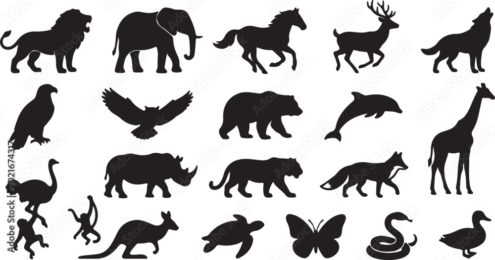 Obraz premium A collection of various wildlife and domestic animal silhouettes, featuring mammals, birds, reptiles, and insects set against a plain background.