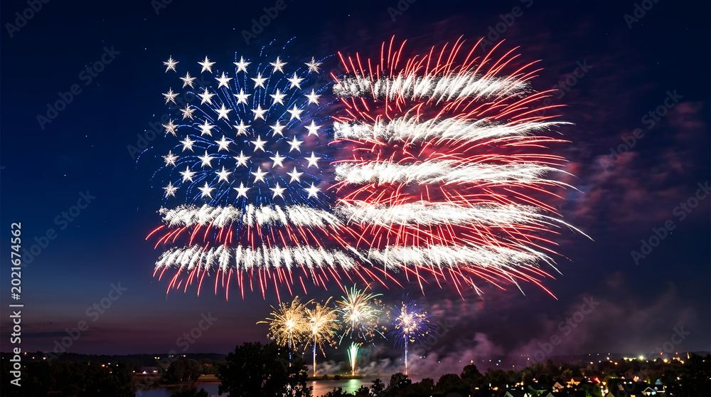 Fototapeta premium Fireworks exploding in the shape of an American flag against night sky