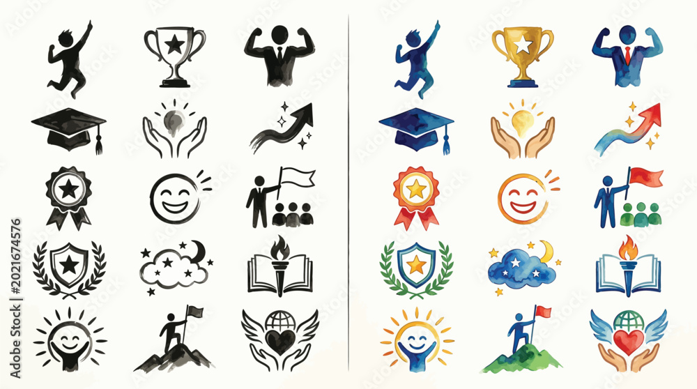 Fototapeta premium Collection of Icons Representing Success, Achievement, and Positive Outcomes in Business and Life.