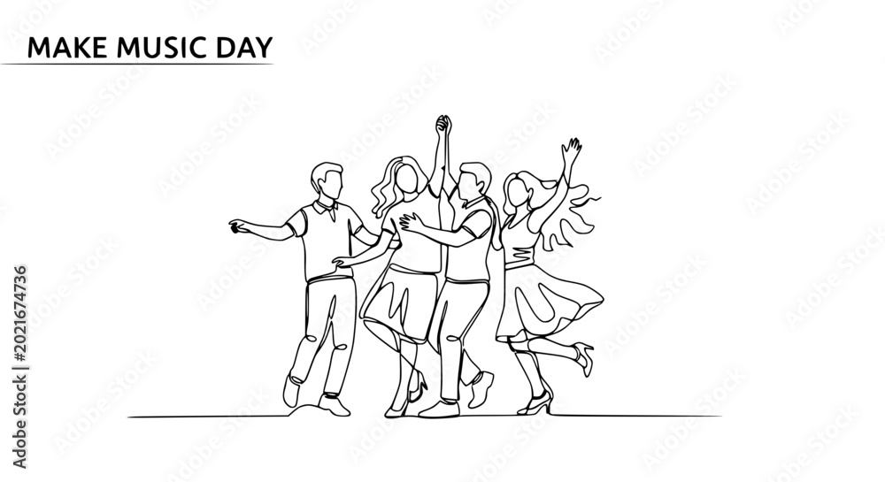 Fototapeta premium Joyful Group Dancing Celebration - Continuous Line Art of People Celebrating
