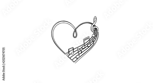 Photos Heart shape with musical notes and treble clef, love of music concept, line art