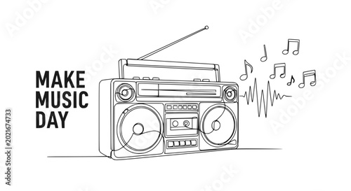 Schilderij op canvas Hand-drawn boombox with musical notes and sound waves, Make Music Day concept