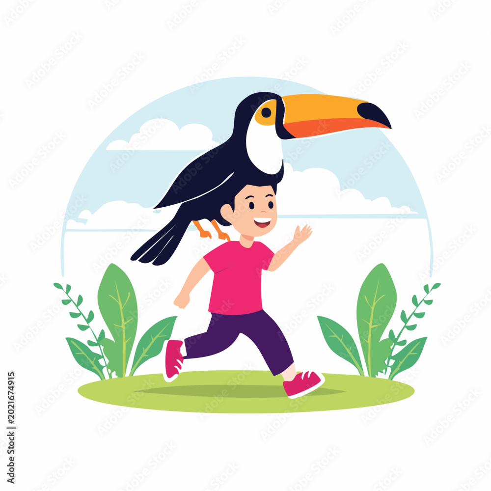 Obraz premium Boy Running with Toucan on Head