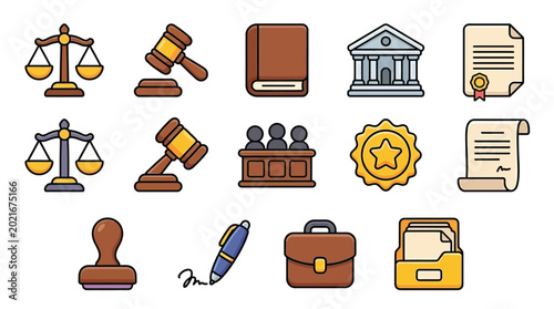 Foto Collection of legal and justice icons representing law, court, and legal services
