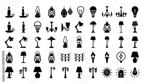 Fotografía Black silhouette light source icon set with candles lamps lanterns and bulbs vec