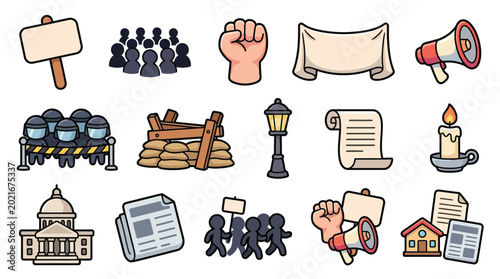 Tableau sur toile Collection of protest and demonstration icons representing social issues and civil unrest