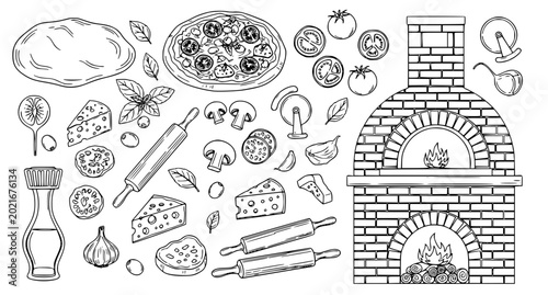 Obraz na płótnie Pizza making ingredients and traditional brick oven illustration set featuring p