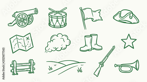 Cuadro en lienzo Collection of hand-drawn historical military and travel icons on a light background