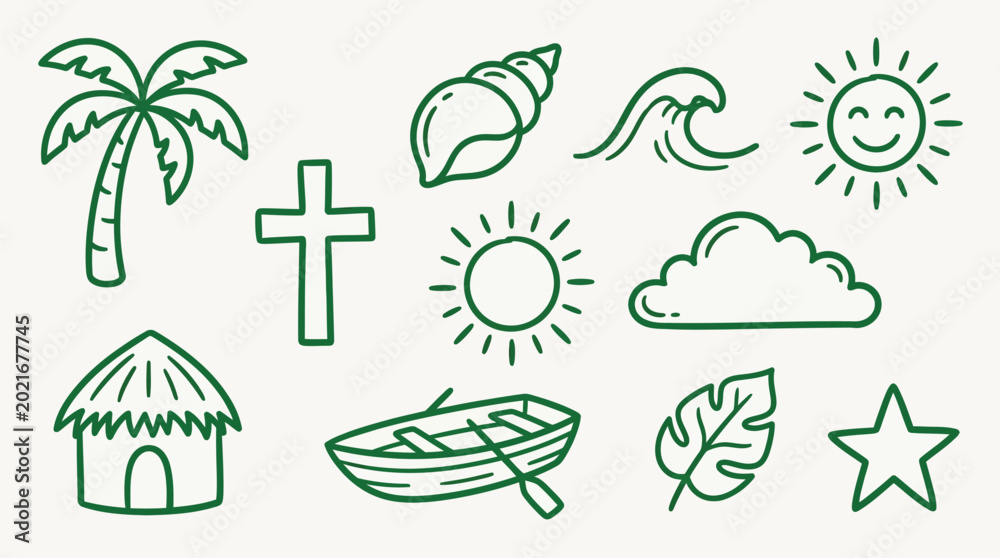Obraz premium Set of hand-drawn doodle icons representing various elements of summer, travel, and tropical themes, perfect for design projects.