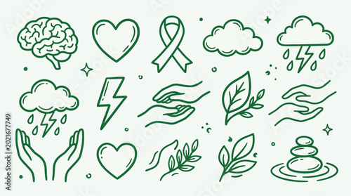 Canvas Print Set of doodle style icons representing mental health, wellness, nature, and emotional well-being concepts